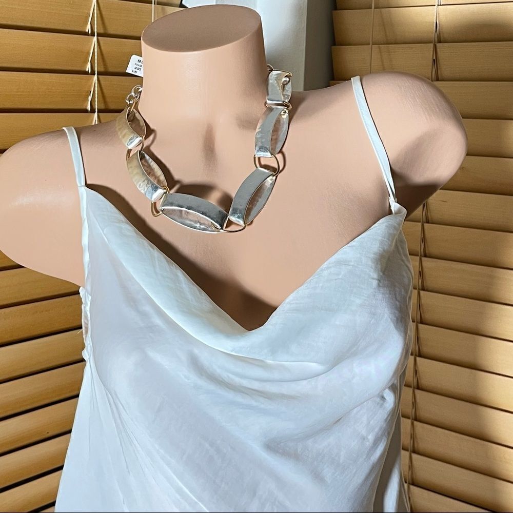 BCBG Sz L White Gauzy Light Chiffon Spaghetti Straps Cowl Neck Beautiful Top New - Picture 2 of 13